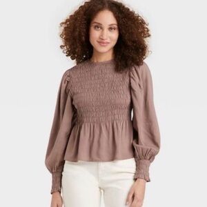 a new day Smocked Brown Taupe Puff Long Sleeve Blouse
